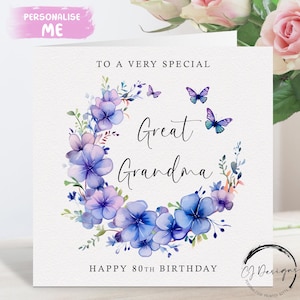 Carte d'anniversaire personnalisée arrière-grand-mère, cadre/couronne de fleurs violettes tout âge 50e 60e 65e 70e 75e 80e 85e 90e 95e 100e