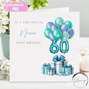 Carte d'anniversaire personnalisée pour tous les âges - Ballons chiffres bleus/verts 40e 45e 50e 55e 60e 65e 70e 75e 80e 85e 90e 95e