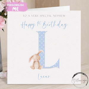 Cartão de aniversário personalizado para sobrinho, nome inicial e idade, cartão de felicitações de coelho, 1º, 2º, 3º, 4º, 5º, 6º, 7º, 8º, 9º, lembrança para ele