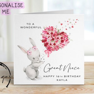 Carte d'anniversaire personnalisée de petite nièce - mignon lapin avec ballon coeur fleur - carte pour elle, tout âge et nom - 16e 18e 21e 30 40e 50e