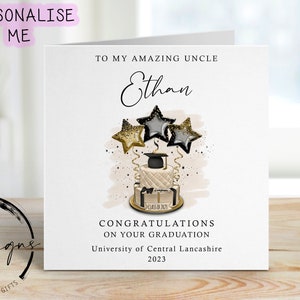 Carte personnalisée de remise des diplômes oncle - avec casquette et parchemin - nom et carte d'université À mon/à notre - gâteau thème or/ballons