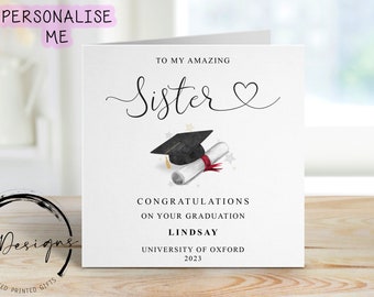 Personalised Sister Graduation Card- with Cap & Scroll- Name and University Medium or Large card Amazing Sister