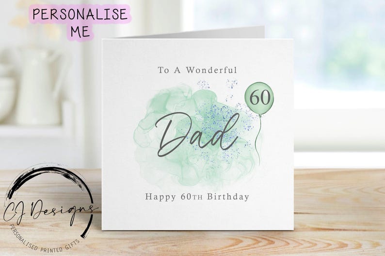 Tarjeta de cumpleaños para papá personalizada, verde/azul, globo verde, para cualquier edad. imagen 1