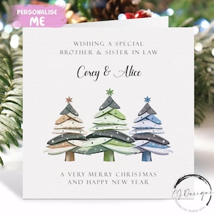 Carte de Noël personnalisée beau-frère et belle-soeur - carte de couple sur le thème des arbres de Noël rustique avec noms