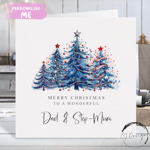 Kerstkaart vader en stiefmoeder blauw en rood thema kerstbomenkaart ouders