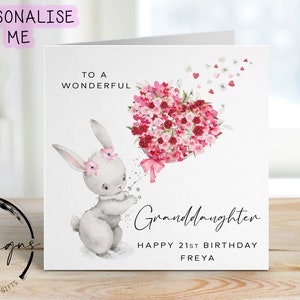 Biglietto di compleanno personalizzato per nipote - Coniglietto carino con palloncino a forma di cuore e fiore - Biglietto per lei, qualsiasi età e nome 16° 18° 21° 30°
