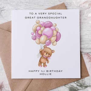 Carte d'anniversaire personnalisée avec nom et âge pour petite-fille avec ours en peluche et ballons roses pour elle