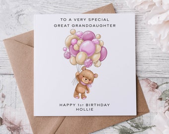 Personalised Great Granddaughter Birthday Card Teddy Bear and Pink Balloons Name & Age  Granddaughter Card for her