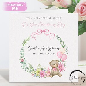 Biglietto di auguri personalizzato per il battesimo della sorella, orsetto con cornice floreale rosa/verde, nome e data, ricordo del giorno del battesimo