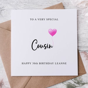 Cartão de aniversário personalizado para primo, parente especial, feliz aniversário, cartão de idade para ela 30, 40, 50, 60, 70, 80, qualquer idade média ou longa