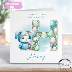 Carte de Pâques personnalisée pour fils avec initiale et nom - Illustration de petit garçon avec lapin de Pâques et panier - Carte pour lui