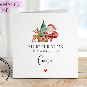 Cartão de Natal para a árvore de Natal do primo maravilhoso com Papai Noel e renas