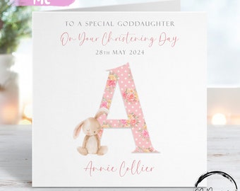 Personalised Goddaughter Christening Card, Initial Name and Date Bunny Greeting Card, Christening Day Keepsake For Her