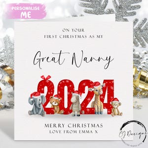 Carte de Noël personnalisée 2024 pour une super nounou - Premier Noël avec animaux de safari sous forme de carte