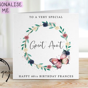 Cartão de aniversário personalizado para tia-avó - guirlanda de borboletas florais rústicas, cartão de felicitações para qualquer idade/nome, 40º, 50º, 60º, 70º, 80º, 90º, 100º