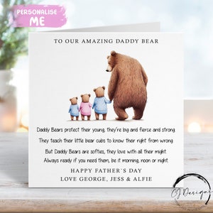 Carte poème personnalisée papa ours pour la fête des pères jusqu'à 4 enfants ou JUMEAUX - Carte papa et bébé ours pour lui avec noms