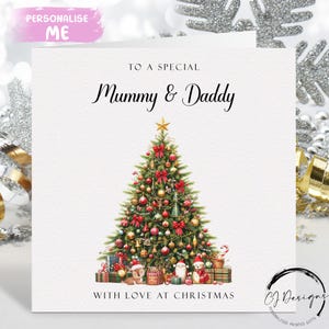 Carte de Noël papa et maman - Carte de couple de parents Carte cadeau, arbre de Noël décoré vert