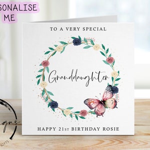 Carte d'anniversaire personnalisée pour petite-fille - Couronne de papillons floraux pastel - tout âge/nom, carte de voeux 18, 21, 30, 40, 50 ans,