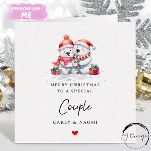Biglietto di Natale personalizzato per coppia speciale: biglietto per coppia femminile di orso polare e cuore rosso