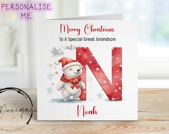 Great Grandson Personalised Polar Bear Christmas Card For with Santa Reindeer and Initial Letter & Name