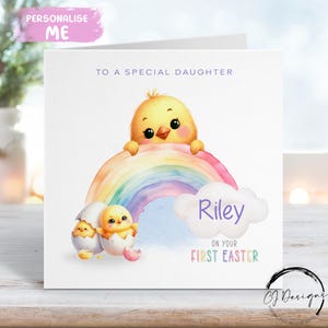 1ère carte de Pâques personnalisée pour fille avec nom - illustration de poussin de Pâques, arc-en-ciel et oeufs - carte pour elle