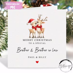 Biglietto di Natale personalizzato per fratello e cognato - Biglietto con coppia di renne amorevoli e cuore rosso
