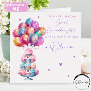 Carte d'anniversaire personnalisée arrière-petite-fille, gâteaux et ballons multicolores, tous âges/noms : 14ème 15ème 16ème 18ème 21ème 21ème 30ème 40ème 50ème