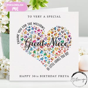 Carte d'anniversaire personnalisée arrière-petite-nièce Merci pour les millions de choses coeur - tout âge 16e 18e 21e 25e 30e 40e 45e 50e 60e