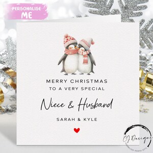 Carte de Noël personnalisée nièce et son mari - Carte couple pingouins et coeur rouge