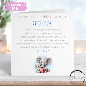 Carte personnalisée de fête des pères de Grampy - Première fête des pères d'éléphant comme mon poème de Grampy avec le nom N'IMPORTE QUELLE LIBELLE 1ère fête des pères