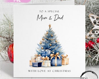 Mum & Dad Christmas Card Blue and Gold Theme Trees and Gifts Parents Card