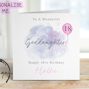 Tarjeta de cumpleaños personalizada para ahijada - Diseño azul/rosa con globo rosa - Tarjeta para ella, cualquier edad y nombre - 16, 18, 30, 40, 50