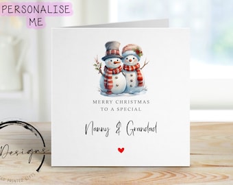 Special Nanny & Grandad Christmas Card -Snowman Couple Card and Red Heart