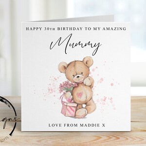 Carte d'anniversaire maman personnalisée - ours mignon avec fleurs et cadeau - carte pour elle, maman, maman, maman, maman, maman, maman