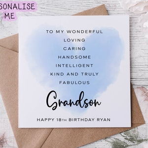 Cartão de aniversário personalizado para neto, cartão de aniversário com afirmação de coração azul, cartão de idade para ele 16, 21, 30, 40, 50, qualquer idade e nome