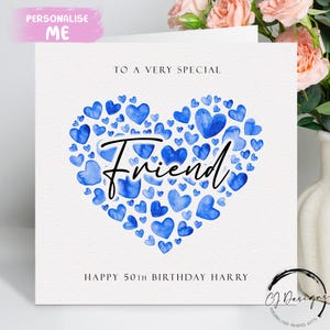 Carte d'anniversaire personnalisée avec un ami, coeurs bleus N'IMPORTE QUELLE TEXTE/ÂGE/ Prénom 18ème 21ème 25ème 30ème 40ème 45ème 50ème 60ème 65ème 70ème 75ème 80ème 90ème 100