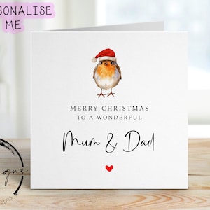 Kerstkaart voor mama en papa met Robin met kerstmuts, vrolijk kerstfeest Wenskaart eenvoudig ontwerp Kerstmis