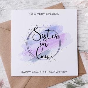 Carte d'anniversaire personnalisée spéciale belle-soeur, joyeux anniversaire, carte d'âge pour ses 30, 40, 50, 60, 70, 80 et 90 ans thème violet