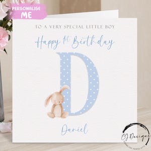 Cartão de aniversário personalizado para menino, nome inicial e idade, cartão de felicitações de coelho, 1º, 2º, 3º, 4º, 5º, 6º, 7º, 8º, 9º, lembrança para ele