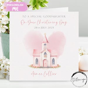 Biglietto di auguri personalizzato per il battesimo della figlioccia, biglietto di auguri rosa per la chiesa con nome/data, ricordo del giorno del battesimo, piccolo o grande.