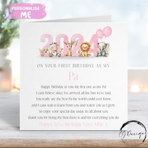 Cartão de aniversário personalizado Pa - Nome/IDADE Tema Pink Jungle Primeiro aniversário como meu poema QUALQUER PALAVRA 1º 30º 40º 50º 60º 65º 70º 75º 80º