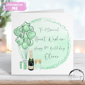 Carte d'anniversaire personnalisée arrière-neveu, ballons, thème vert, tout âge 16ème 18ème 21ème 30ème 40ème 50ème 60ème 70ème 80ème
