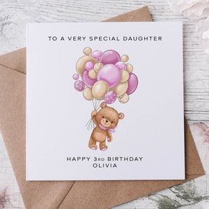Gepersonaliseerde verjaardagskaart dochter teddybeer en roze ballonnen Naam- en leeftijdskaart voor haar