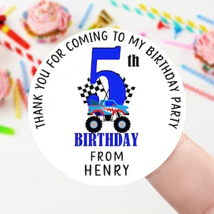 Personalisierte Geburtstagsaufkleber - Jungen Blau Monster Truck Name Geburtstag Party Tasche Danke Aufkleber - Sweet Cone - 37mm / 45mm / 51mm/64mm