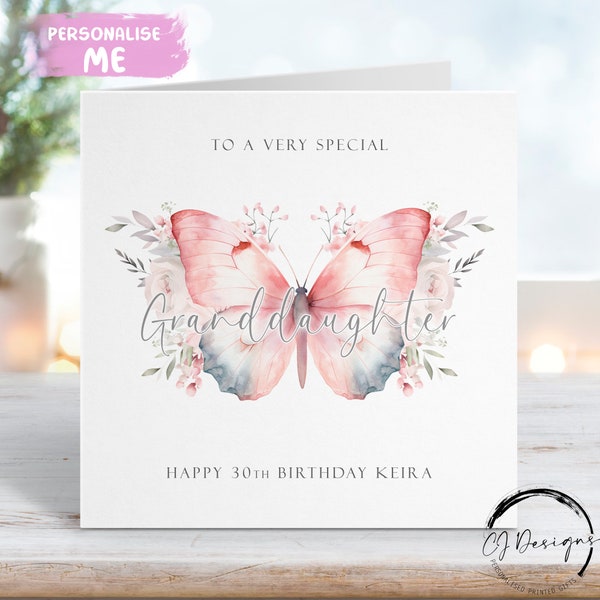 Personalised Granddaughter Birthday Card -Pink & Grey Butterfly Greeting Card For Her Any Age 16th, 18th, 19th,  21st, 30th, 40th 50th 60th