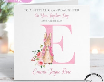 Personalised Peter Rabbit Granddaughter Baptism Card, Initial Name and Date Greeting Card,  Keepsake Girls Flopsy Pink Bunny