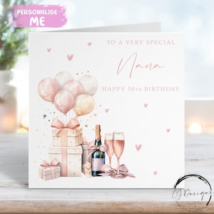 Carte d'anniversaire personnalisée Nana or rose champagne, cadeau et ballons Tout âge/nom 40e 45e 50e 55e 60e 65e 70e 75e 80e 90e
