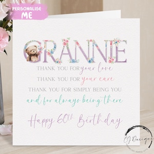 Biglietto di auguri di compleanno personalizzato per nonna, biglietto con poesia - qualsiasi età biglietto di auguri floreale rosa con orsetto 50° 60° 65° 70° 75° 80° 90° 100°