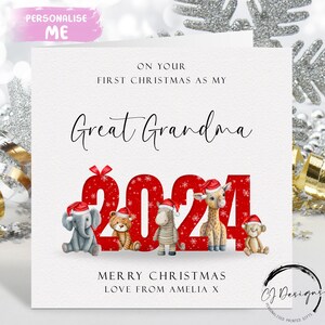 Cartão de Natal personalizado para bisavó 2024 - Safari Animals First Christmas As My Card