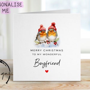 Carte de Noël petit ami - Robin Couple Wear Christmas Hats Card et coeur rouge